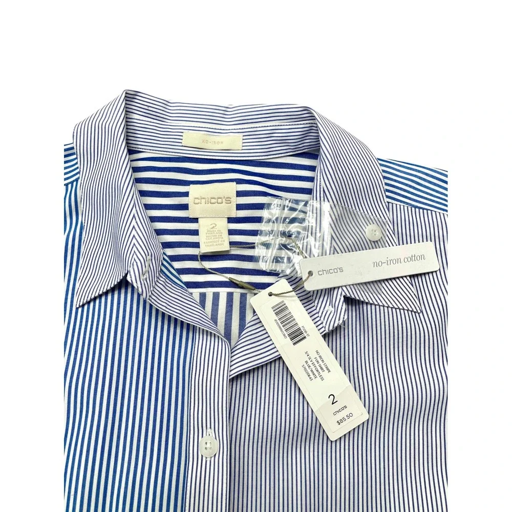 New Chicos No-Iron Cotton Blue White Mixed Stripe Button Down Shirt Size 2 /US L - Picture 3 of 7